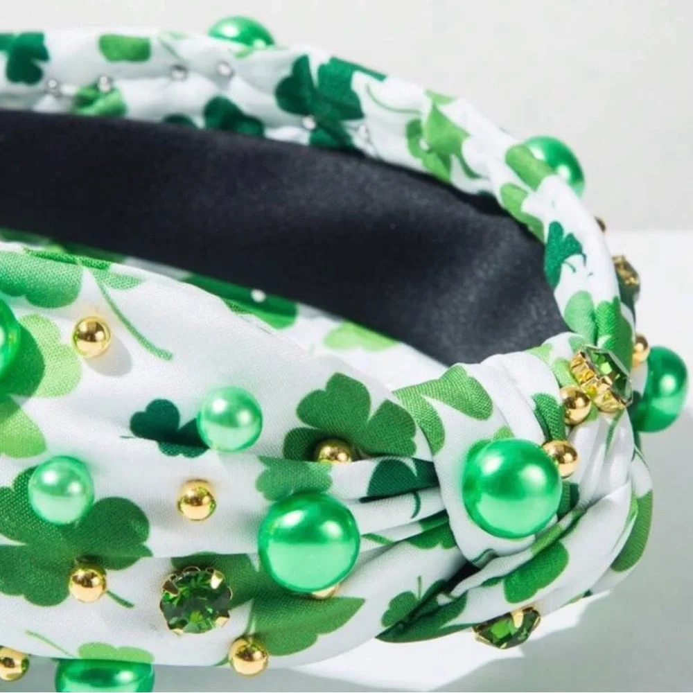 St. Patrick’s Day Top Knot Headband Green Clover Pearl Embellishments